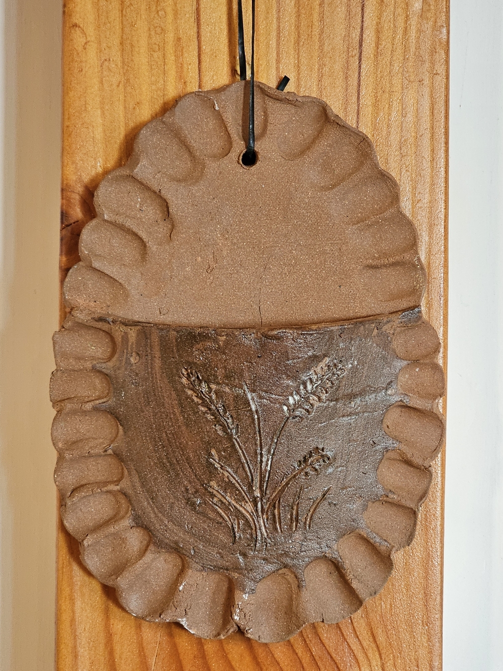Rustic Brown Ceramic Wall Pocket Vase with Wheat Relief